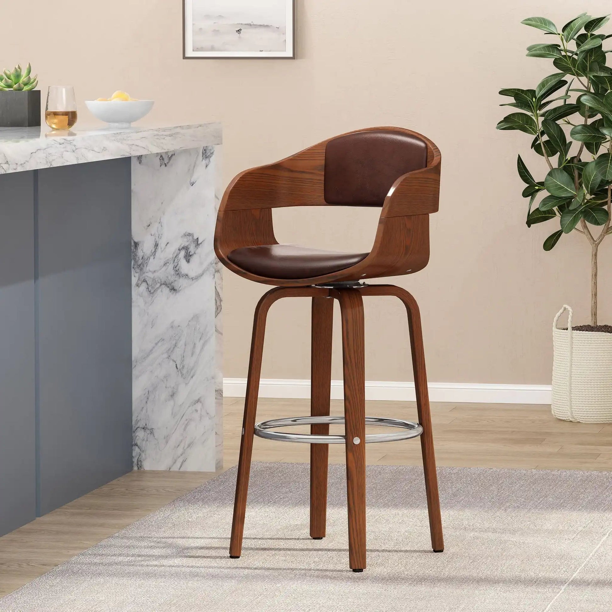 Swivel bar stool in walnut with brown leather seat and back, chrome footrest by marble island on Tampa Home & Garden Store