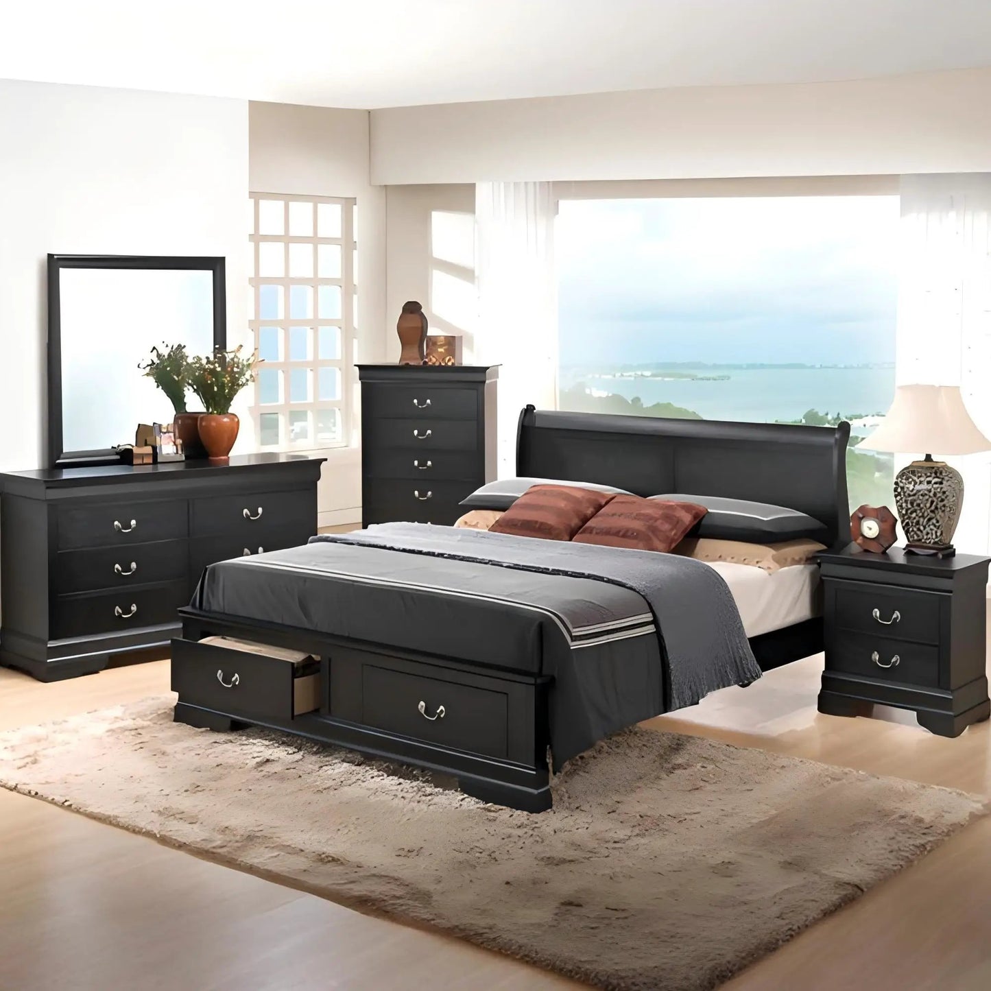Upholstered Sleigh Bed with Dovetail Drawers