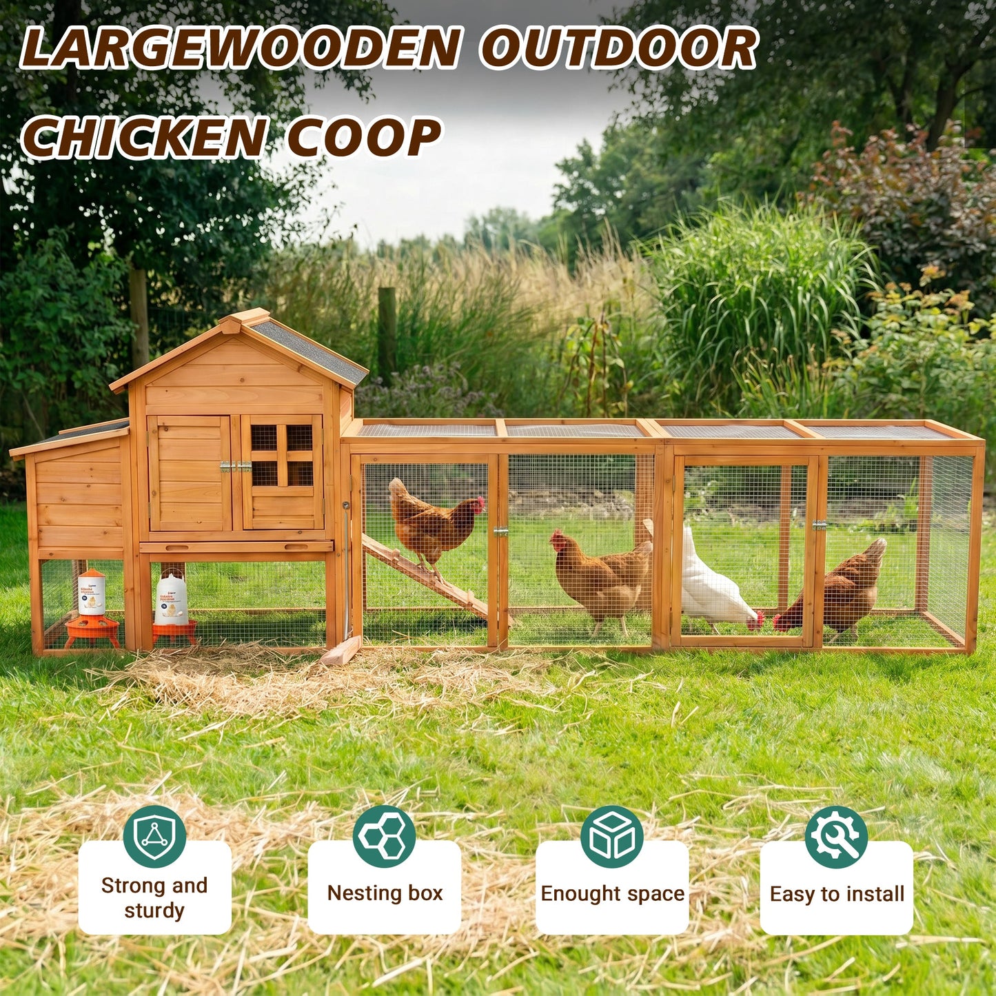 Large wooden outdoor chicken coop with nest box and run, natural finish, 5 chickens on Tampa Home & Garden Store