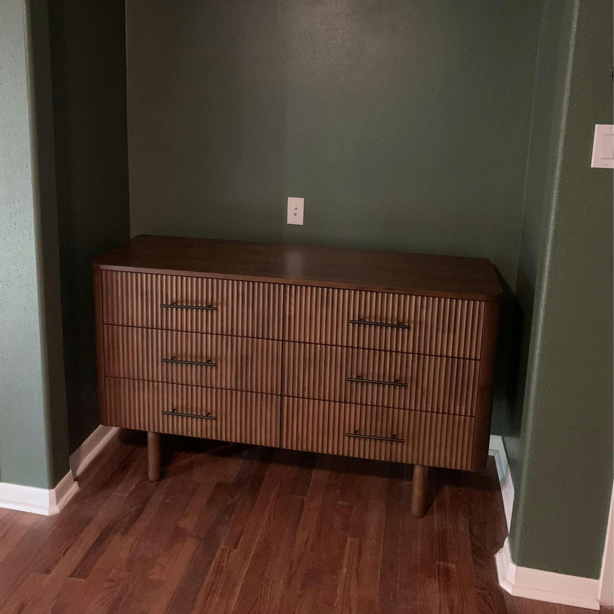 Brown walnut-finish solid wood 6-drawer dresser by HouseOfZazla with ribbed fronts on Tampa Home & Garden Store