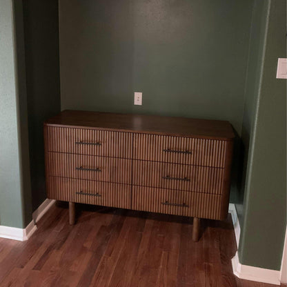 Brown walnut-finish solid wood 6-drawer dresser by HouseOfZazla with ribbed fronts on Tampa Home & Garden Store