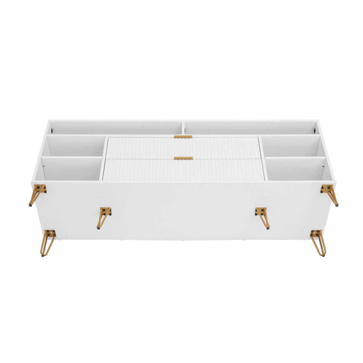 Fluted TV stand with storage, white finish, gold metal legs, HouseOfZazla on Tampa Home & Garden Store