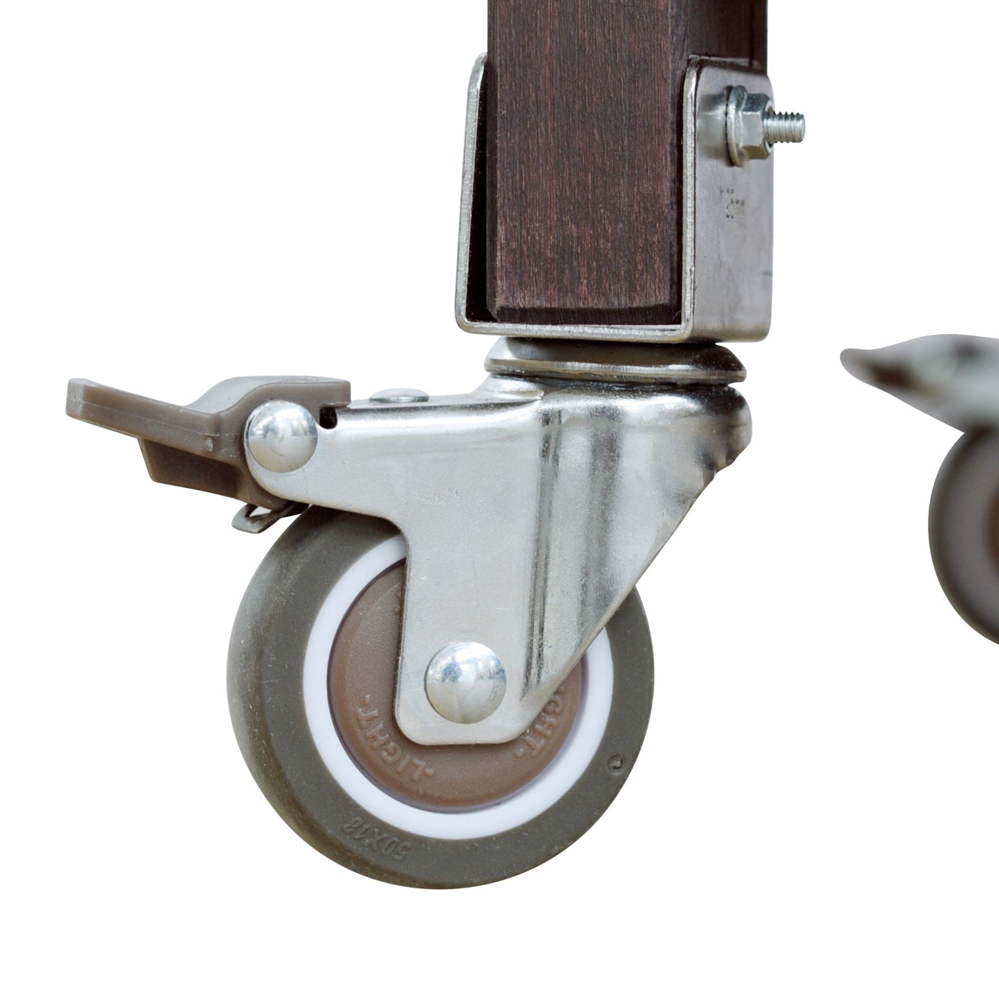 K&K Outdoor Kitchen Island cart wheel close-up with dark wood and metal bracket on caster on Tampa Home & Garden Store