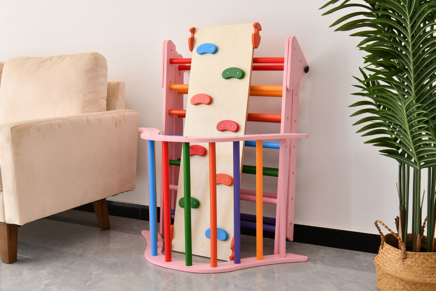Gardenia Pikler Triangle Set 2-piece climbing toys with pink frame and multicolor rungs on Tampa Home & Garden Store