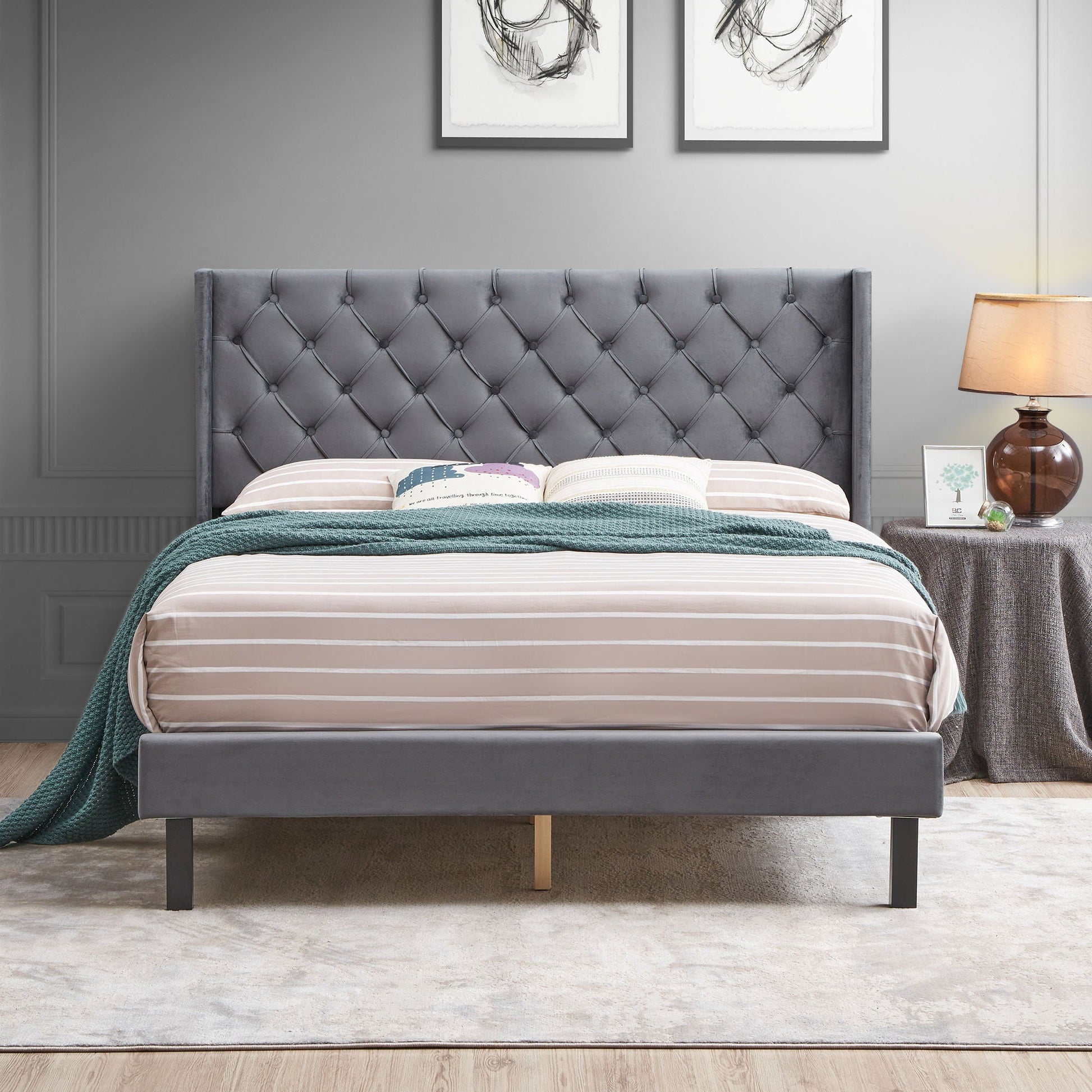 Gray velvet button-tufted winged platform bed with solid wood slat support, queen size on Tampa Home & Garden Store