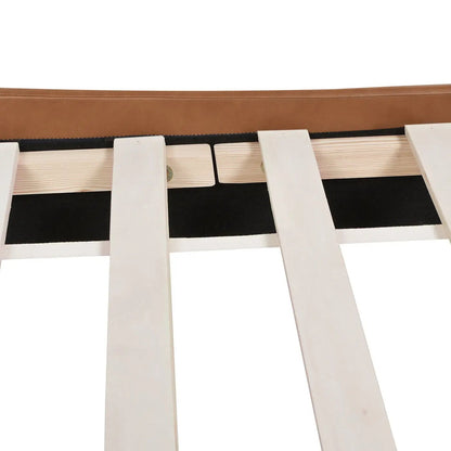 Aspen upholstered platform bed with brown headboard and light wood slat foundation on Tampa Home & Garden Store