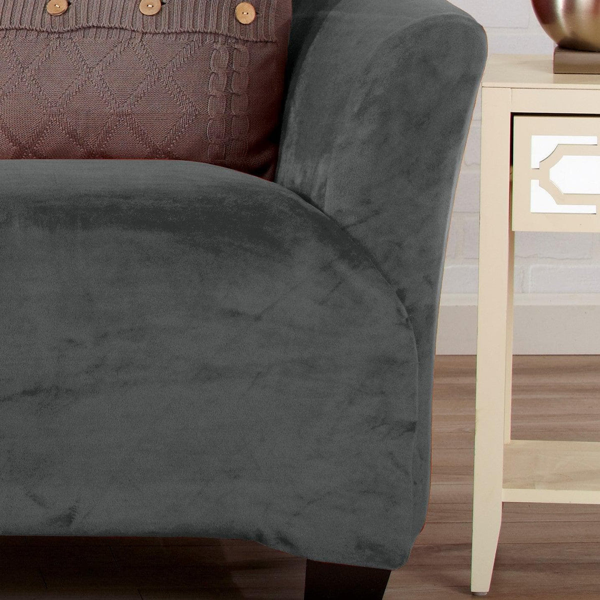Velvet Stretch Slipcover Gale Collection charcoal gray Great Bay Home on Tampa Home & Garden Store