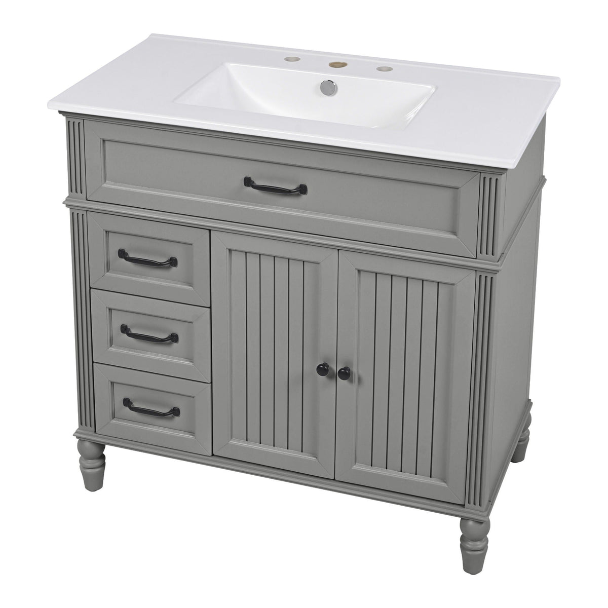 Gray freestanding bathroom vanity with white sink and drawers, solid wood cabinet on Tampa Home & Garden Store
