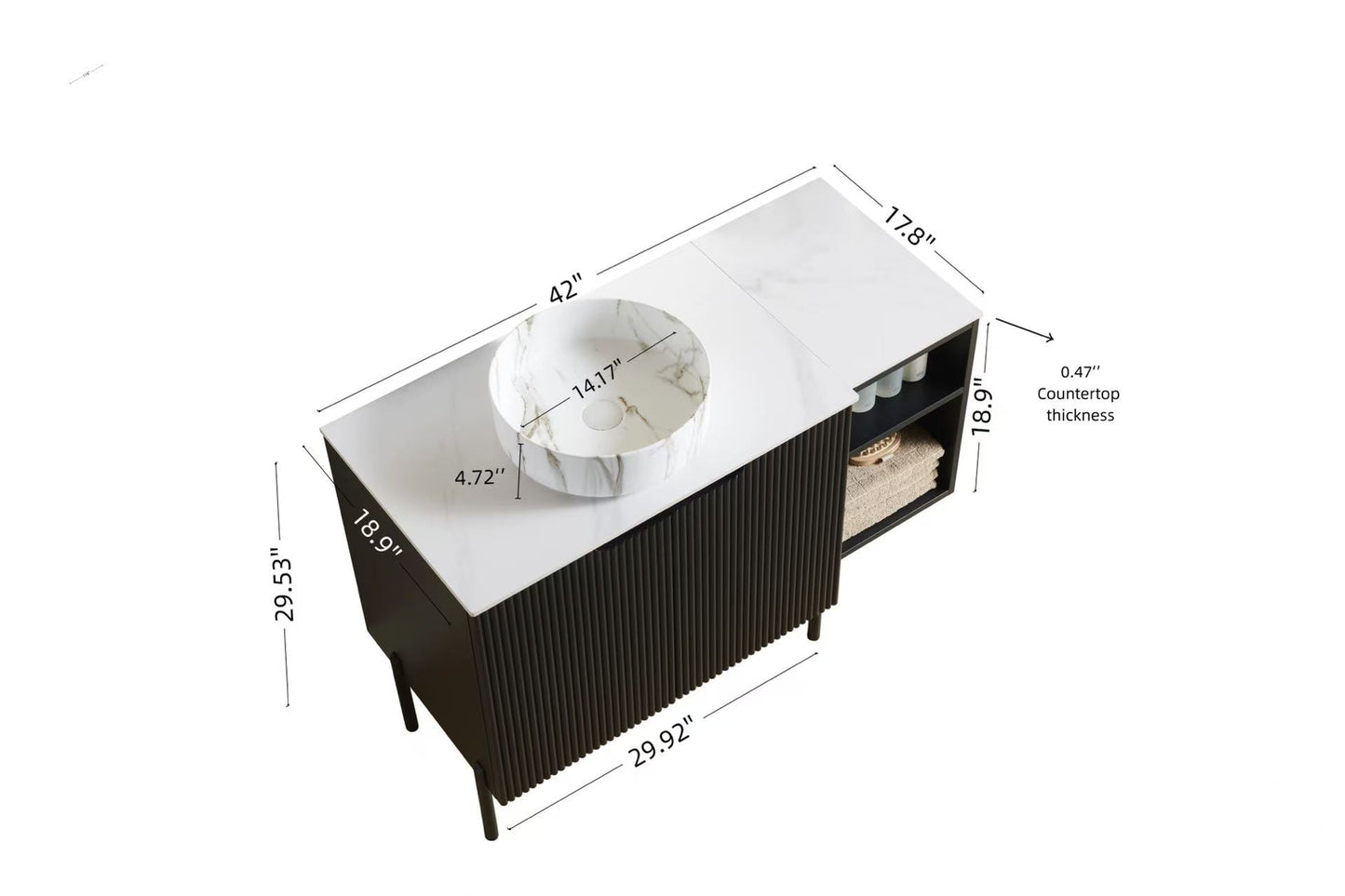 Turio 42in bathroom storage cabinet by HouseOfZazla with white marble countertop and round sink on Tampa Home & Garden Store
