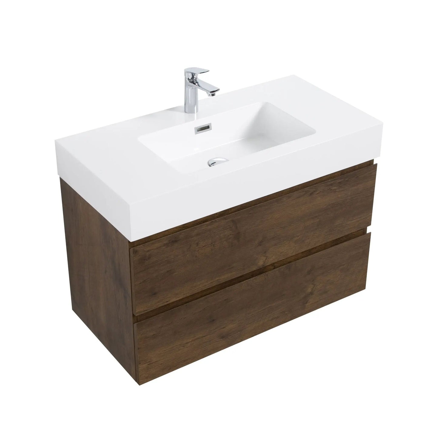 Alice wall-mounted bathroom vanity with white sink and chrome faucet, dark wood base on Tampa Home & Garden Store