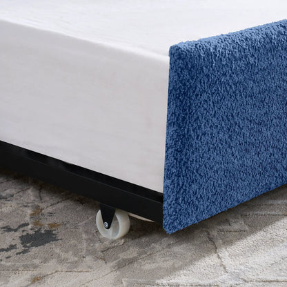 Upholstered daybed with pop-up trundle, blue textured fabric, white panel, caster wheel on Tampa Home & Garden Store