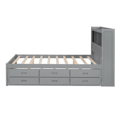 Gray full-size platform bed frame with six front drawers and slatted base on Tampa Home & Garden Store