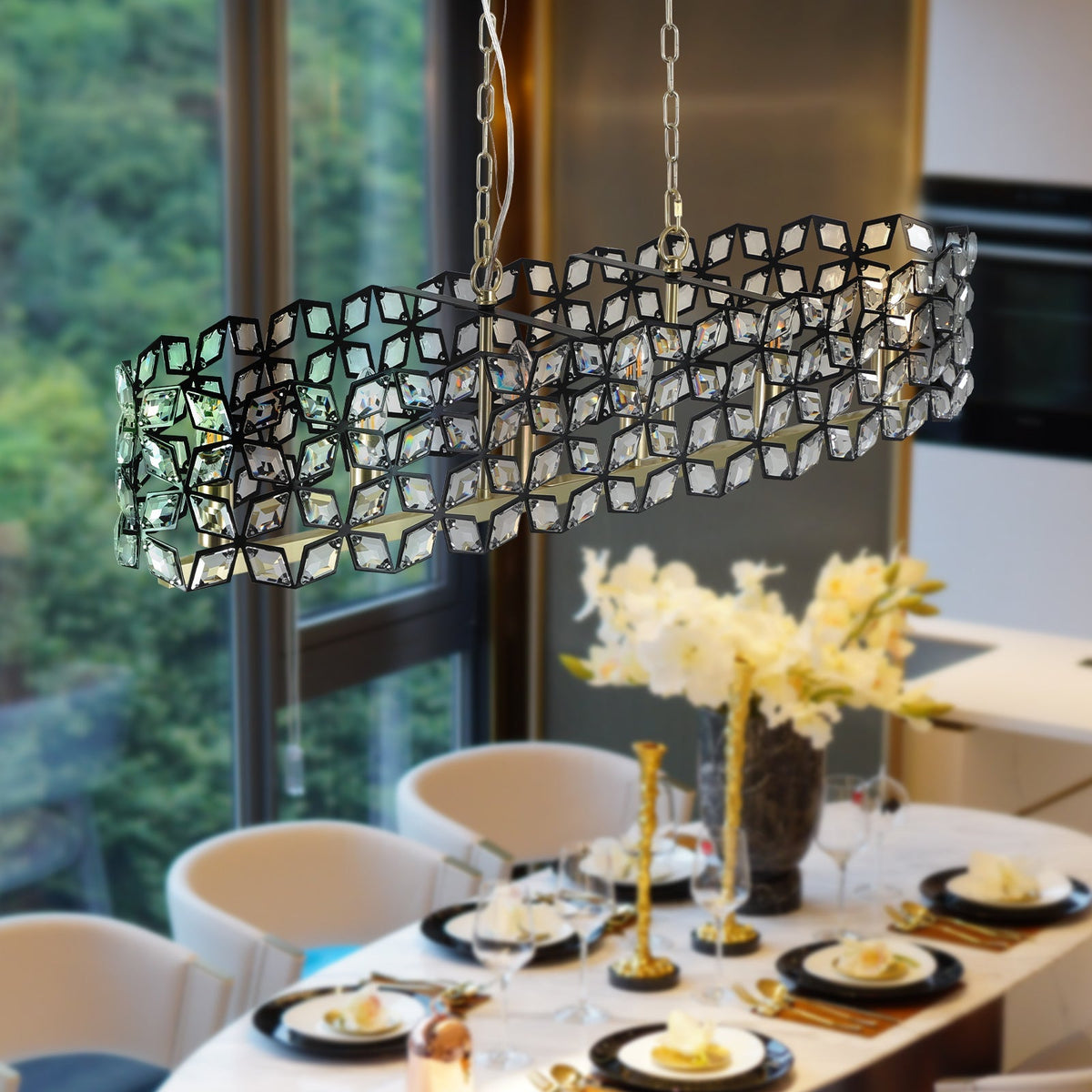 Pendant chandelier 39-inch contemporary crystal black-gold with prisms on dual chains on Tampa Home & Garden Store