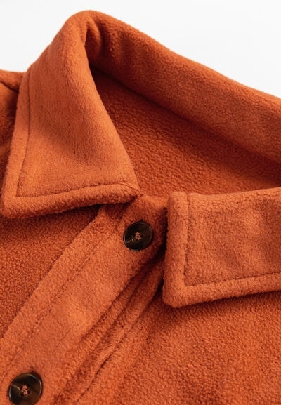 Plaid Button Up Long Sleeve Jacket in orange sherpa with brown buttons and fold-down collar on Tampa Home & Garden Store