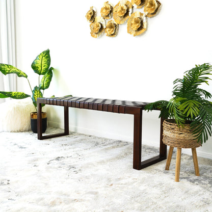 Cognac brown upholstered bench with genuine leather seat, Mid-Century Modern, HouseOfZazla on Tampa Home & Garden Store
