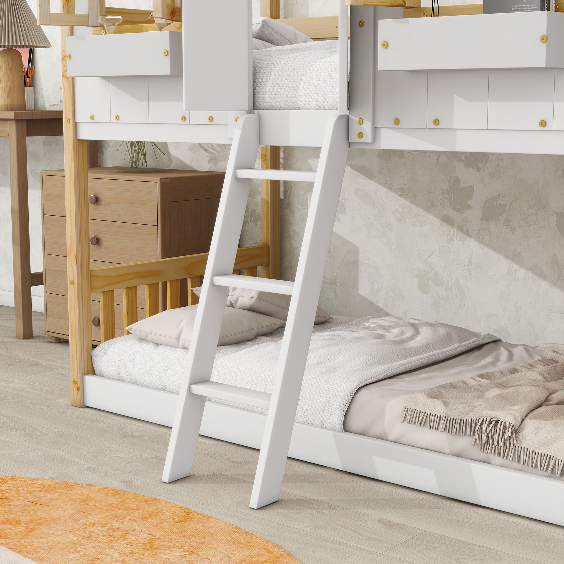 White bunk bed with ladder and guard rails, integrated storage drawers beneath, modern design on Tampa Home & Garden Store