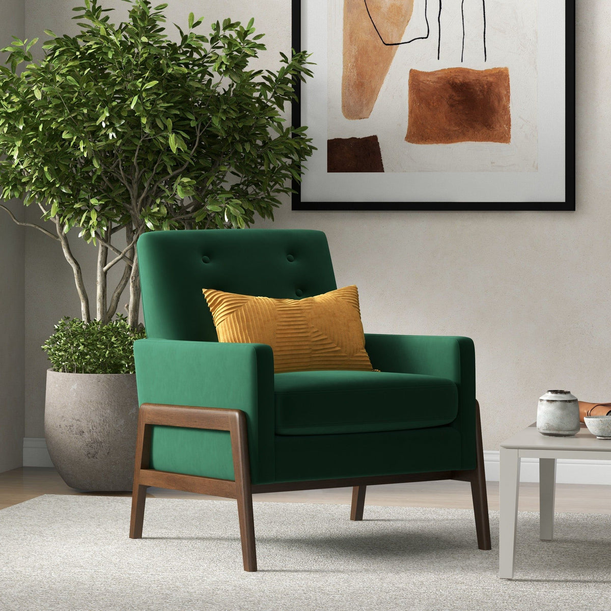 Cole Solid Wood Lounge Chair in green upholstery with natural wood frame and mustard pillow on Tampa Home & Garden Store
