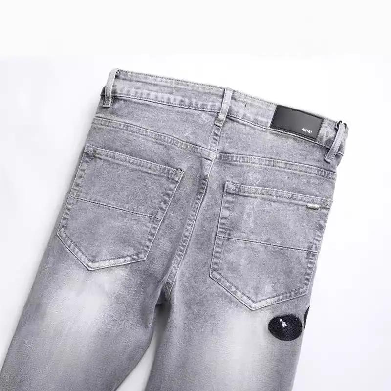 Men's gray denim jeans with hole patches and cobra embroidery, back pockets FLIPSTYLEZLLC on Tampa Home & Garden Store