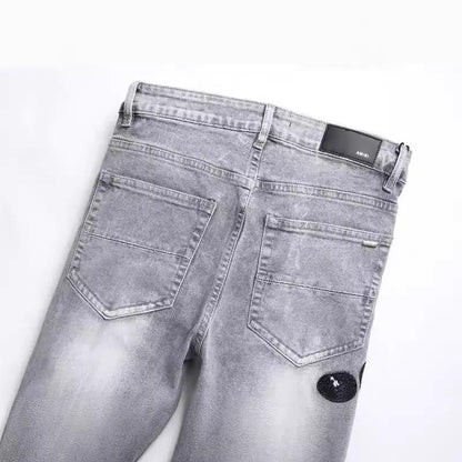 Men's gray denim jeans with hole patches and cobra embroidery, back pockets FLIPSTYLEZLLC on Tampa Home & Garden Store