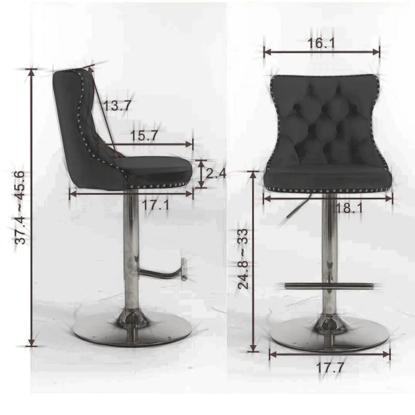 Set of 2 tufted black swivel bar stools with backs, adjustable height 25–33 in, nailhead trim on Tampa Home & Garden Store