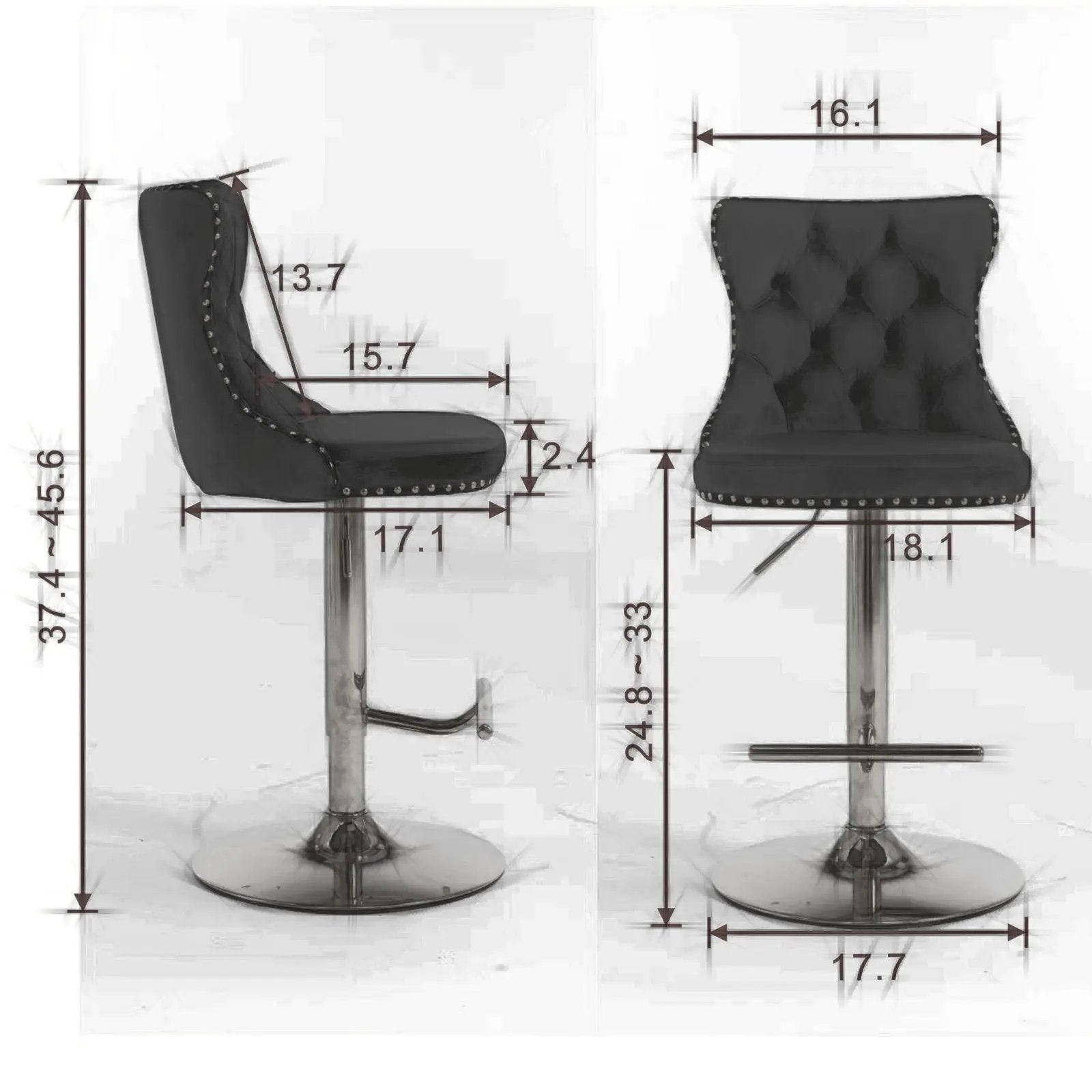 Set of 2 tufted black swivel bar stools with backs, adjustable height 25–33 in, nailhead trim on Tampa Home & Garden Store