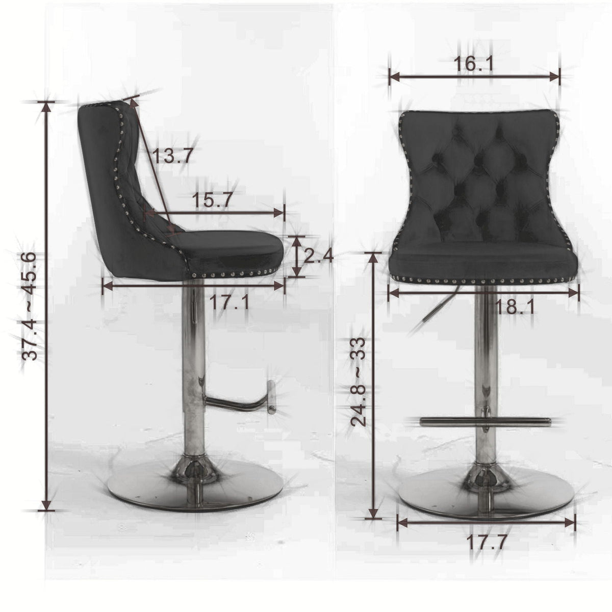 Swivel height barstools set of 2 in black upholstery with nailhead trim on chrome pedestals on Tampa Home & Garden Store