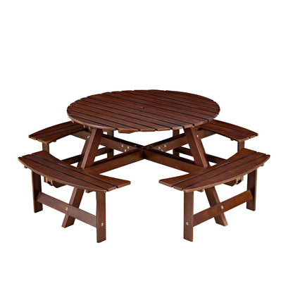 Outdoor 8 Person Round Picnic Table with Built-In Benches in brown wood by HouseOfZazla on Tampa Home & Garden Store