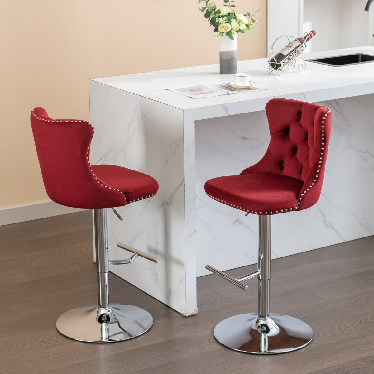 Swivel adjustable red bar stools set of 2 with tufted backs and chrome pedestals on island on Tampa Home & Garden Store