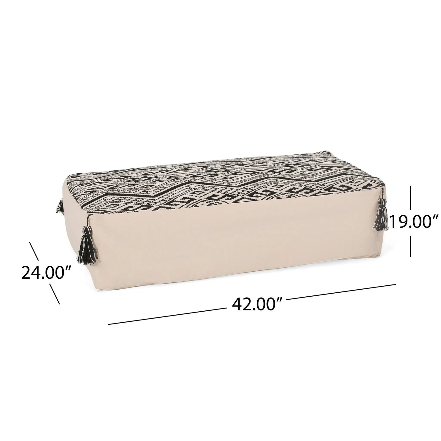 Kiki rectangular pouf ottoman floor cushion natural beige with black geometric print tassels on Tampa Home & Garden Store