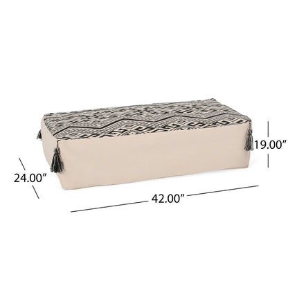 Kiki rectangular pouf ottoman floor cushion natural beige with black geometric print tassels on Tampa Home & Garden Store