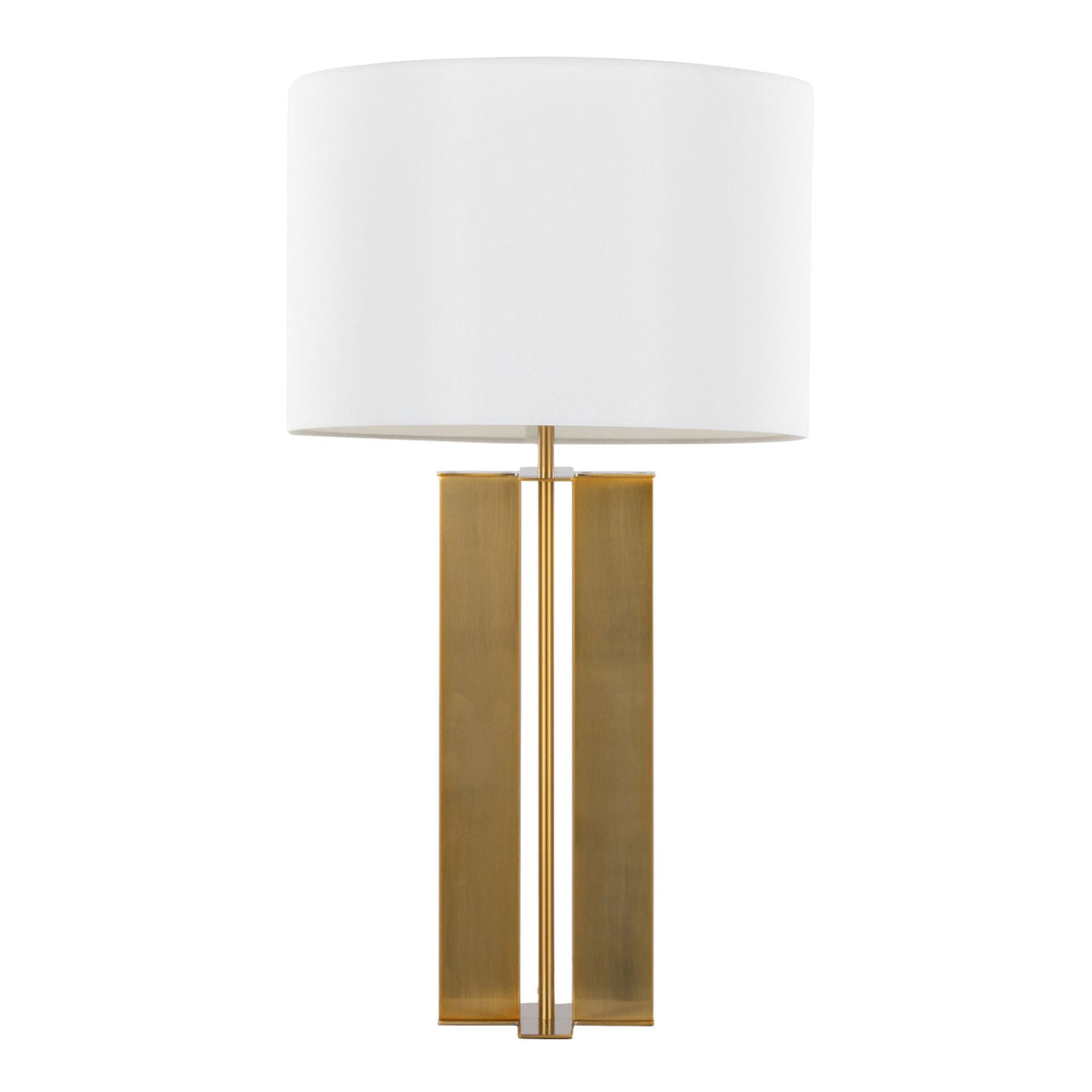 Cosmo Contemporary Table Lamp by HouseOfZazla, white fabric shade with brass rectangular base on Tampa Home & Garden Store