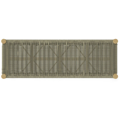 Dahlia outdoor indoor bench by HouseOfZazla; gray woven rattan with wood end caps on Tampa Home & Garden Store