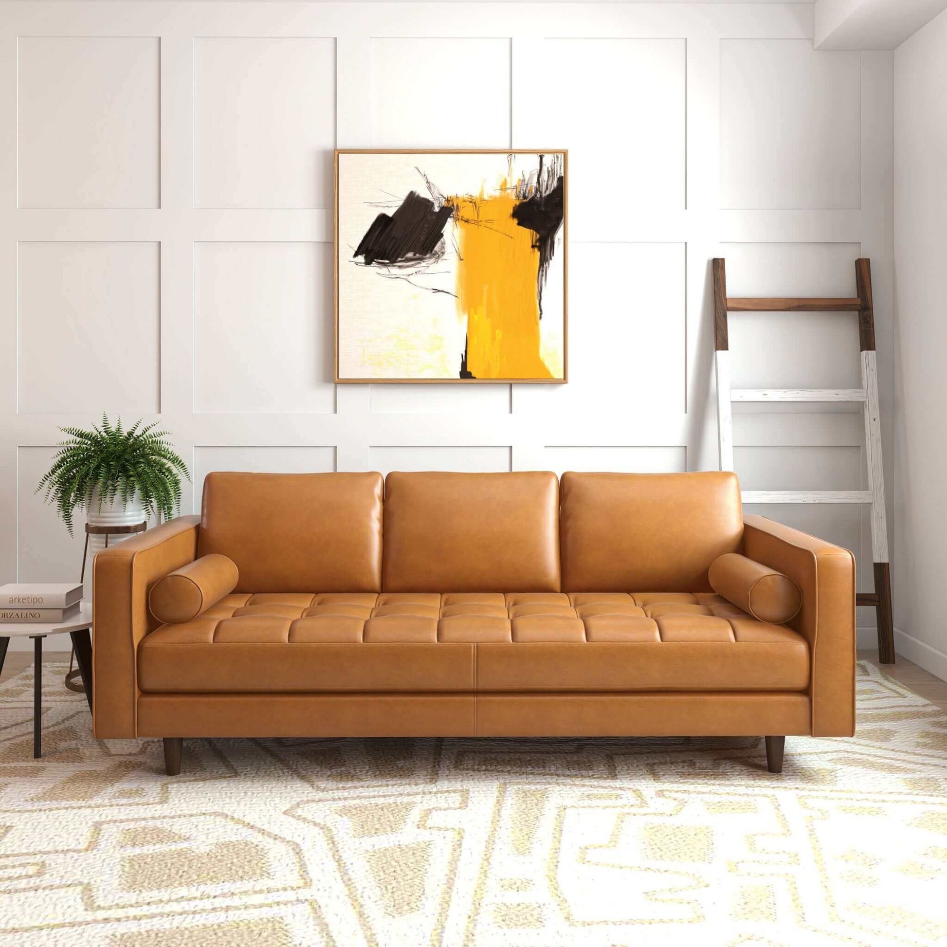 Catherine Sofa by HouseOfZazla in warm tan leather with tufted cushions and wooden legs on Tampa Home & Garden Store