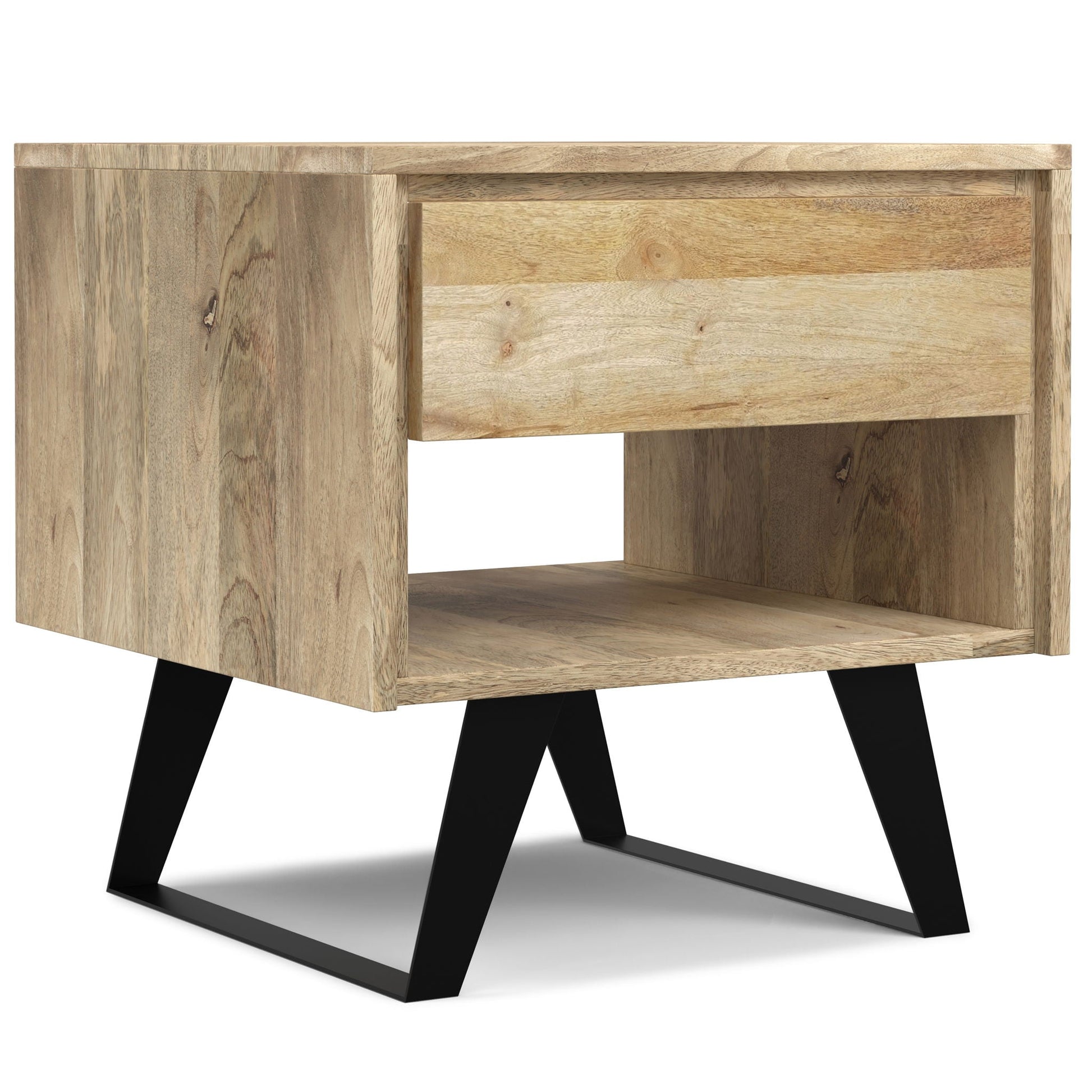 Lowry Handcrafted End Table with Acacia Drawer natural acacia wood black metal legs on Tampa Home & Garden Store