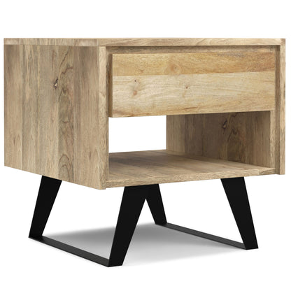 Lowry Handcrafted End Table with Acacia Drawer natural acacia wood black metal legs on Tampa Home & Garden Store