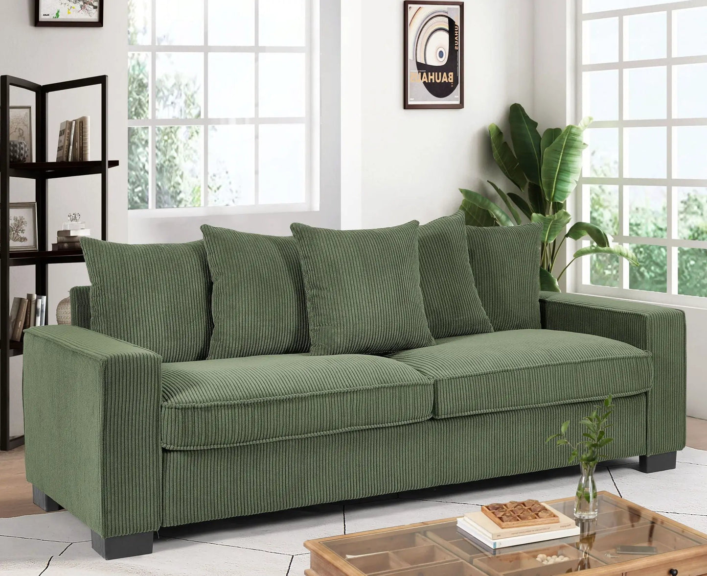 Luxe 3-seater sofa in green corduroy with 5 matching toss pillows by Unique Piece Furniture on Tampa Home & Garden Store