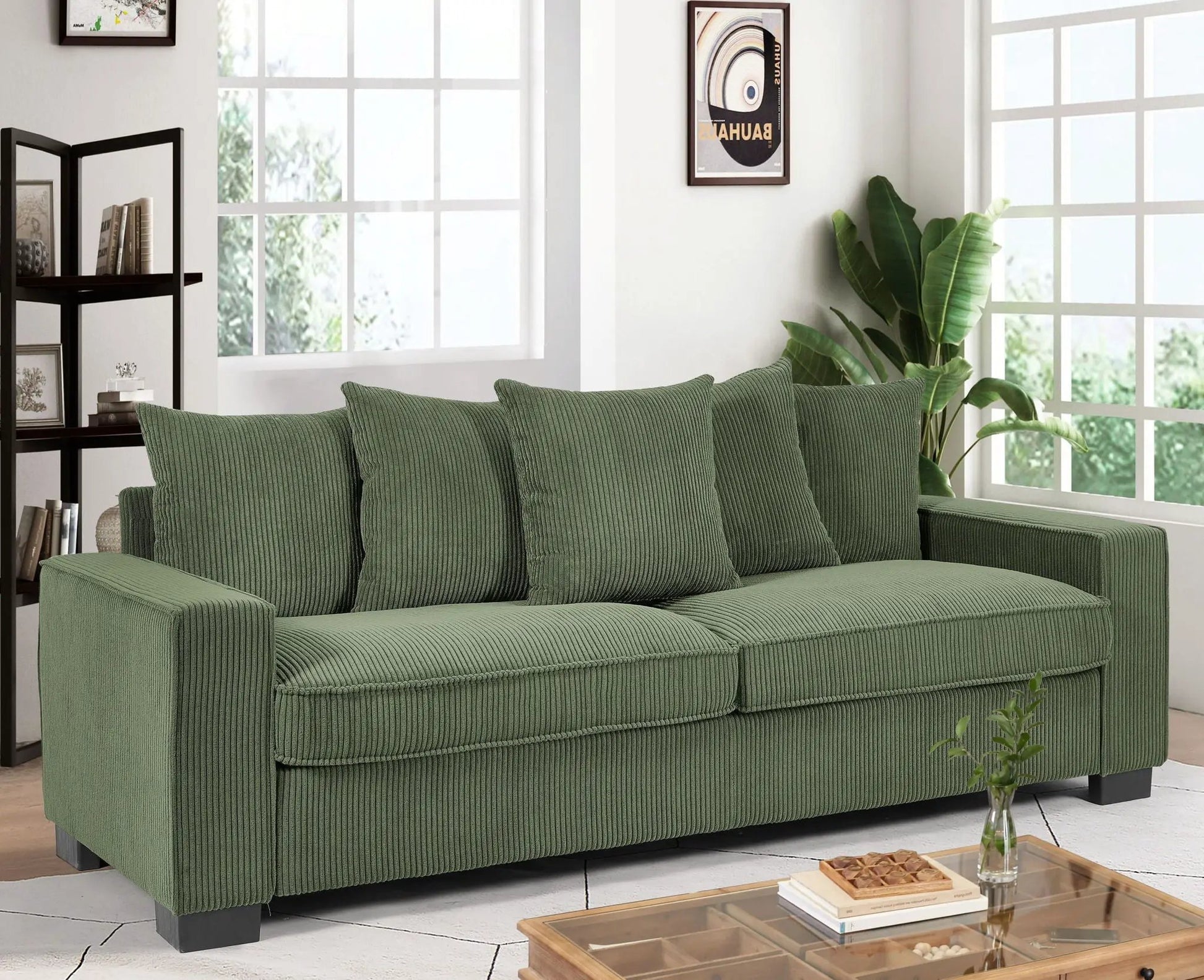 Luxe 3-seater sofa in green corduroy with 5 matching toss pillows by Unique Piece Furniture on Tampa Home & Garden Store