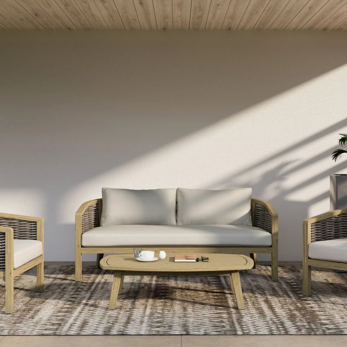 Parkside outdoor sofa natural with beige cushions; 3-seat outdoor set on Tampa Home & Garden Store