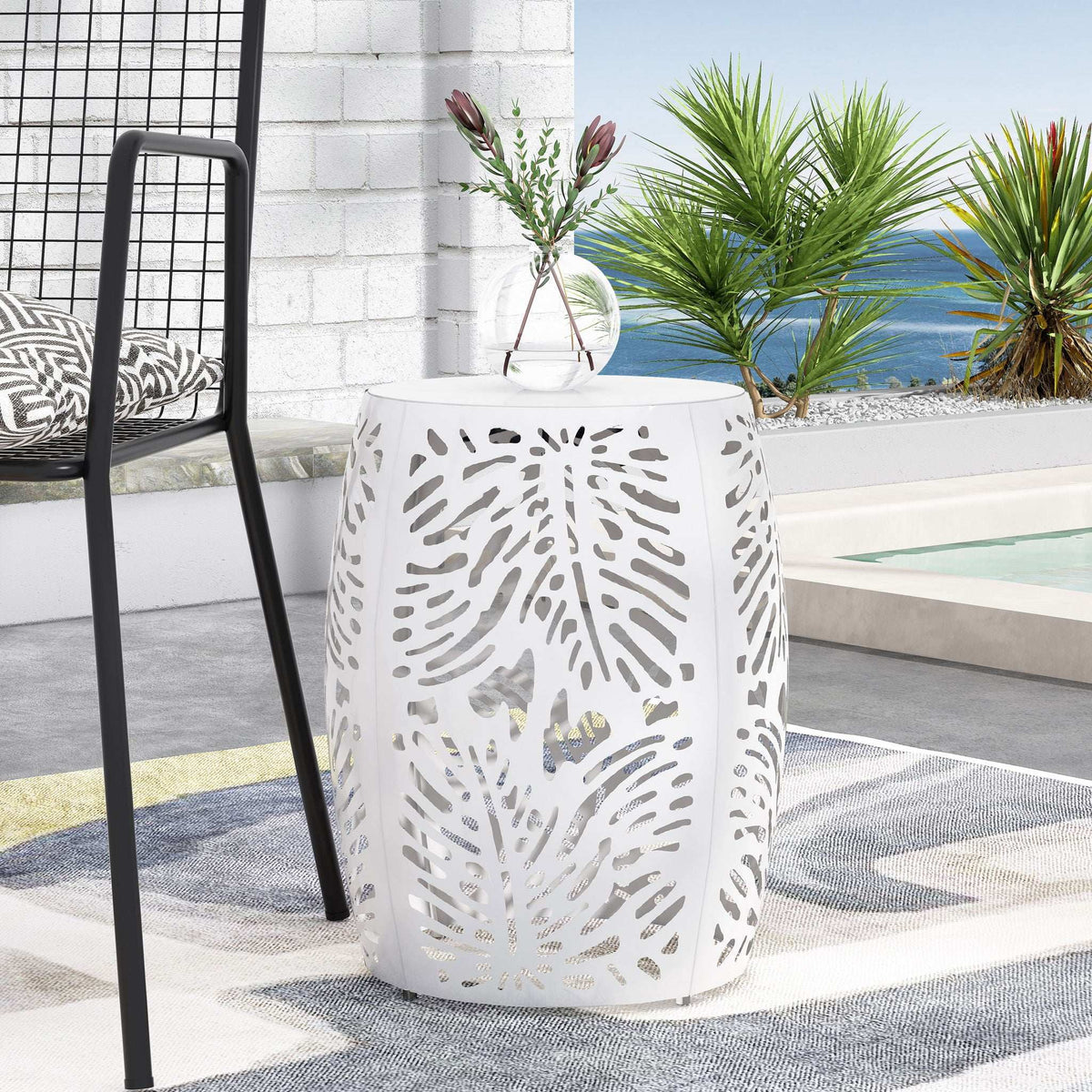 Outdoor end table with palm leaf cut-out in white metal by HouseOfZazla on Tampa Home & Garden Store