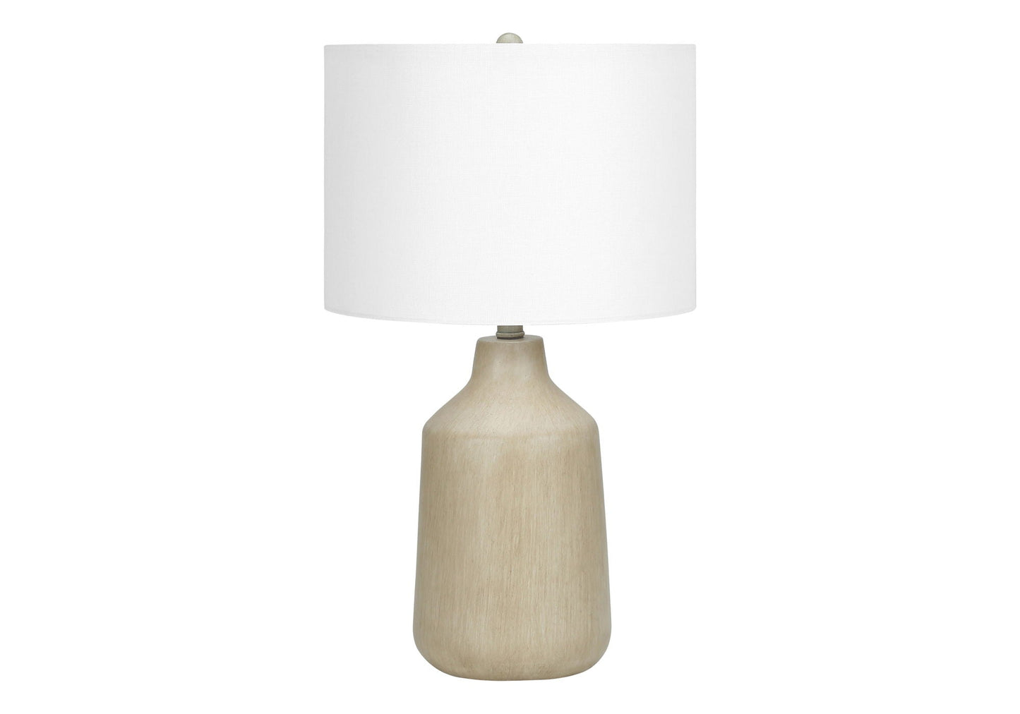 Lighting table lamp with a natural wooden base and white fabric shade on Tampa Home & Garden Store