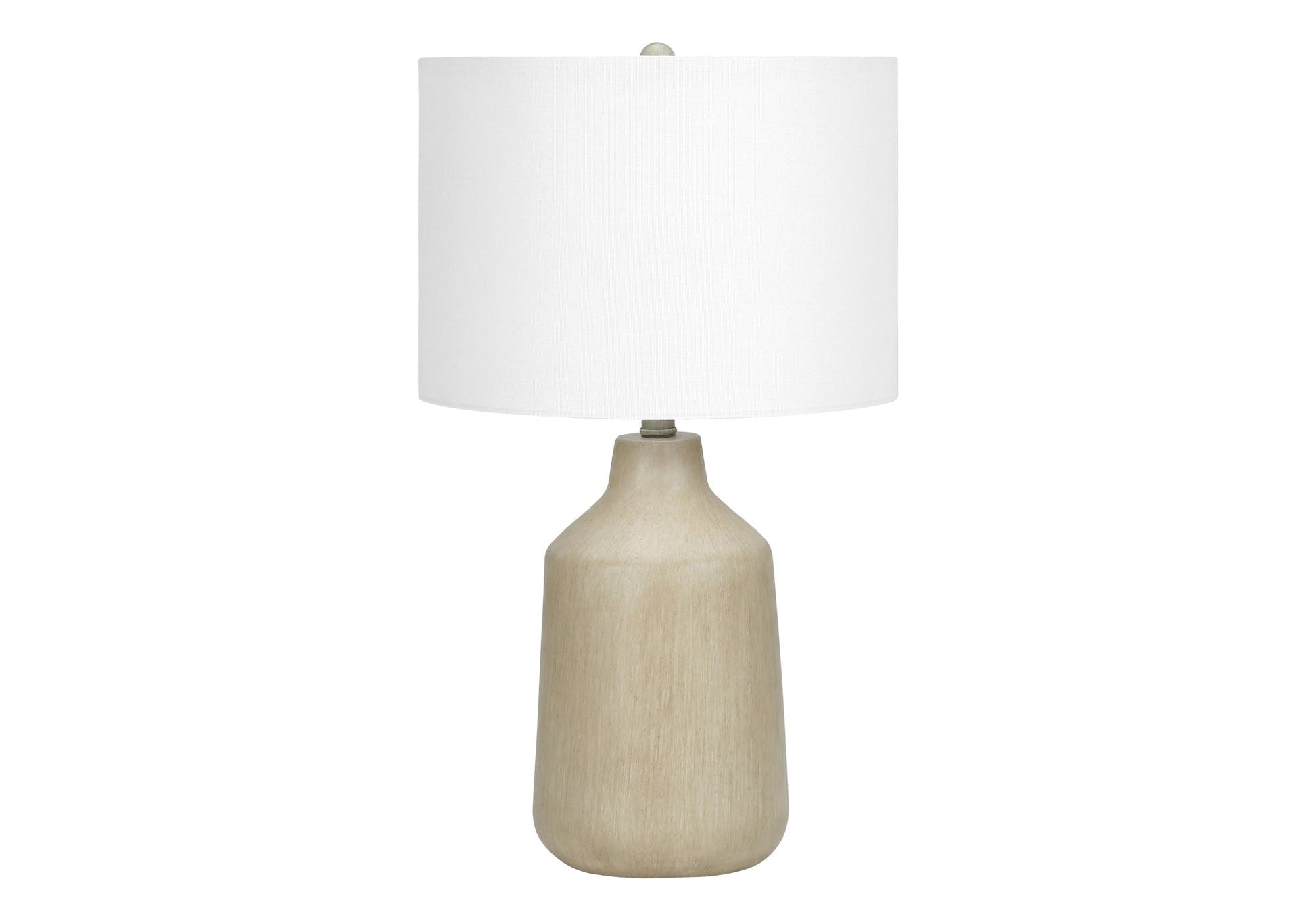 Lighting table lamp with a natural wooden base and white fabric shade on Tampa Home & Garden Store