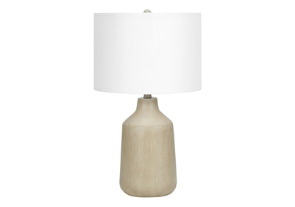 Lighting table lamp with a natural wooden base and white fabric shade on Tampa Home & Garden Store