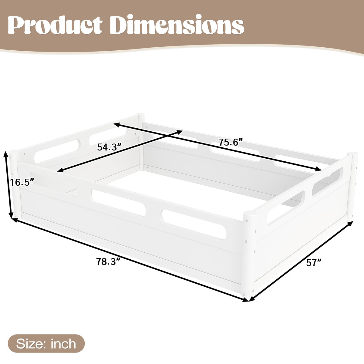 Full-size floor platform bed frame by HouseOfZazla white with full-length guardrails on Tampa Home & Garden Store