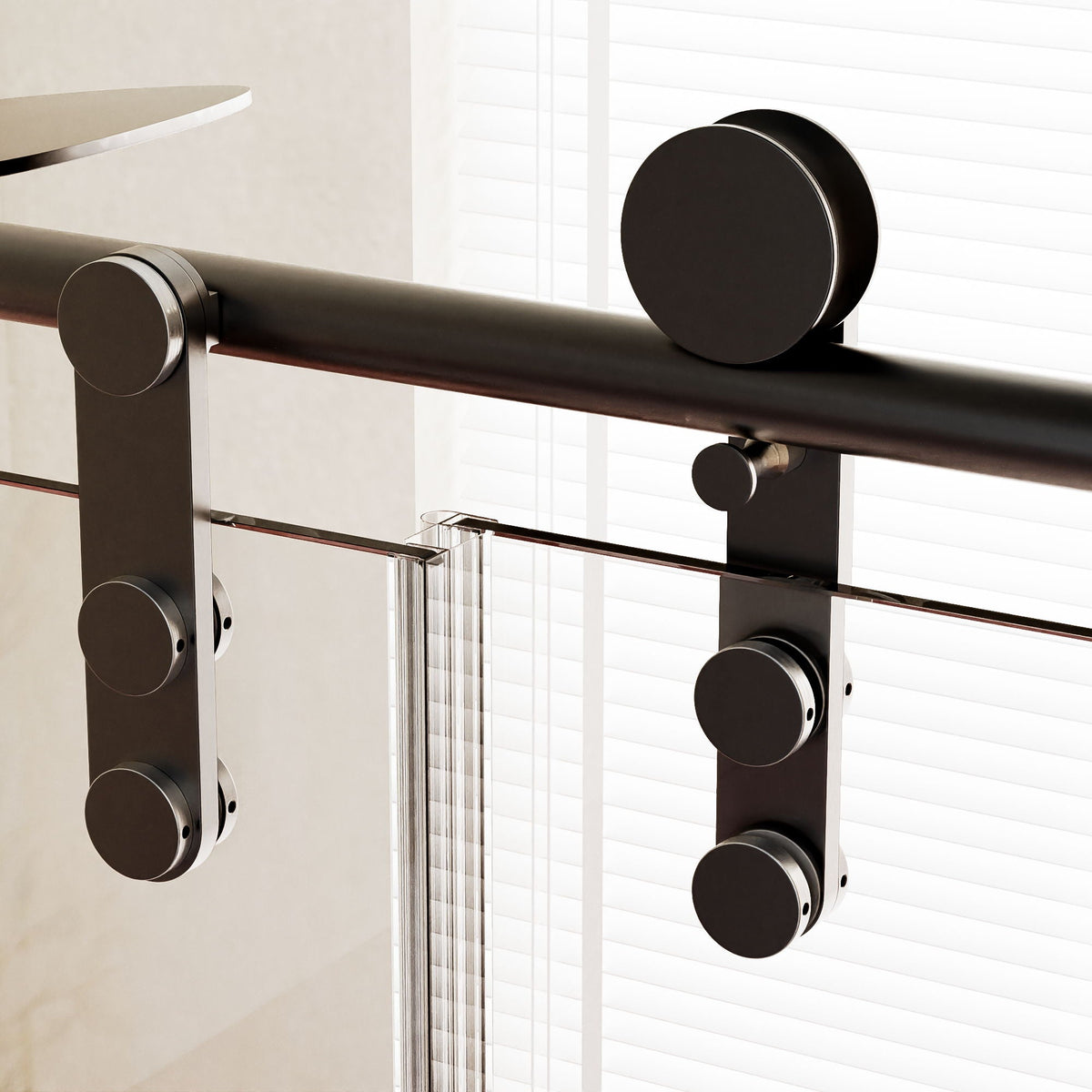 Frameless single sliding shower door hardware with round rollers and towel rail in dark metal on Tampa Home & Garden Store