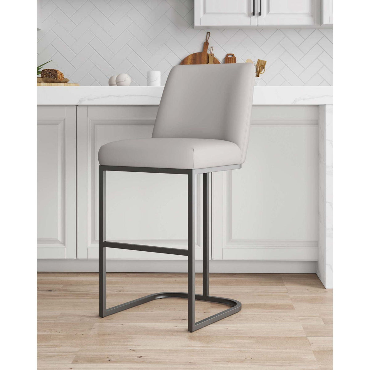 Serena Barstool by HouseOfZazla, bar-height stool in light gray with dark metal base on Tampa Home & Garden Store