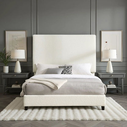 Upholstered Headboard Platform Bed in cream fabric by Unique Piece Furniture with two gray nightstands on Tampa Home & Garden Store