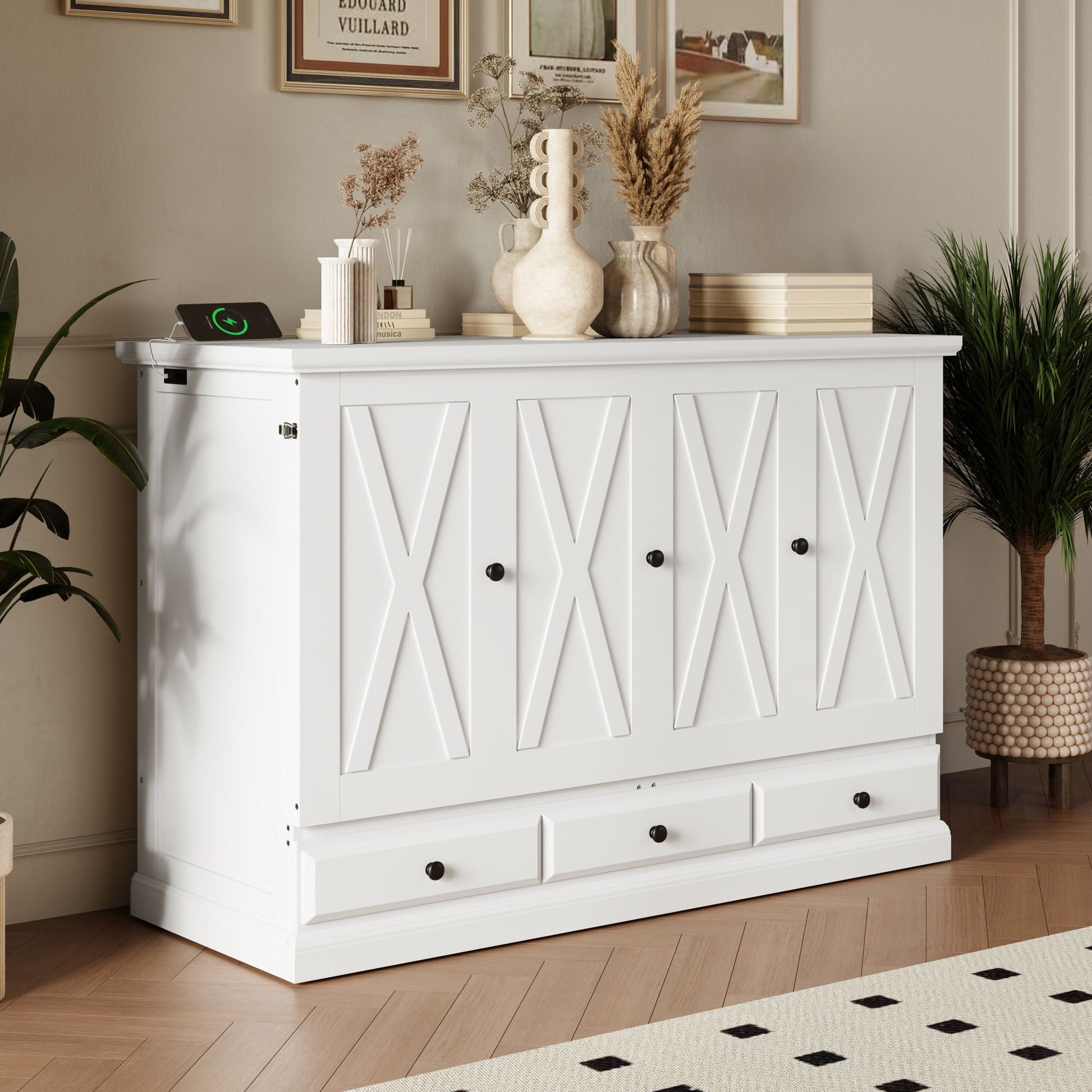 Solid pine Murphy bed chest in white with X-panel doors, charging station, and large storage drawers on Tampa Home & Garden Store