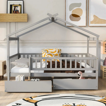 House bed with 2 drawers in gray frame by Unique Piece Furniture, kid storage bed with roofline design on Tampa Home & Garden Store