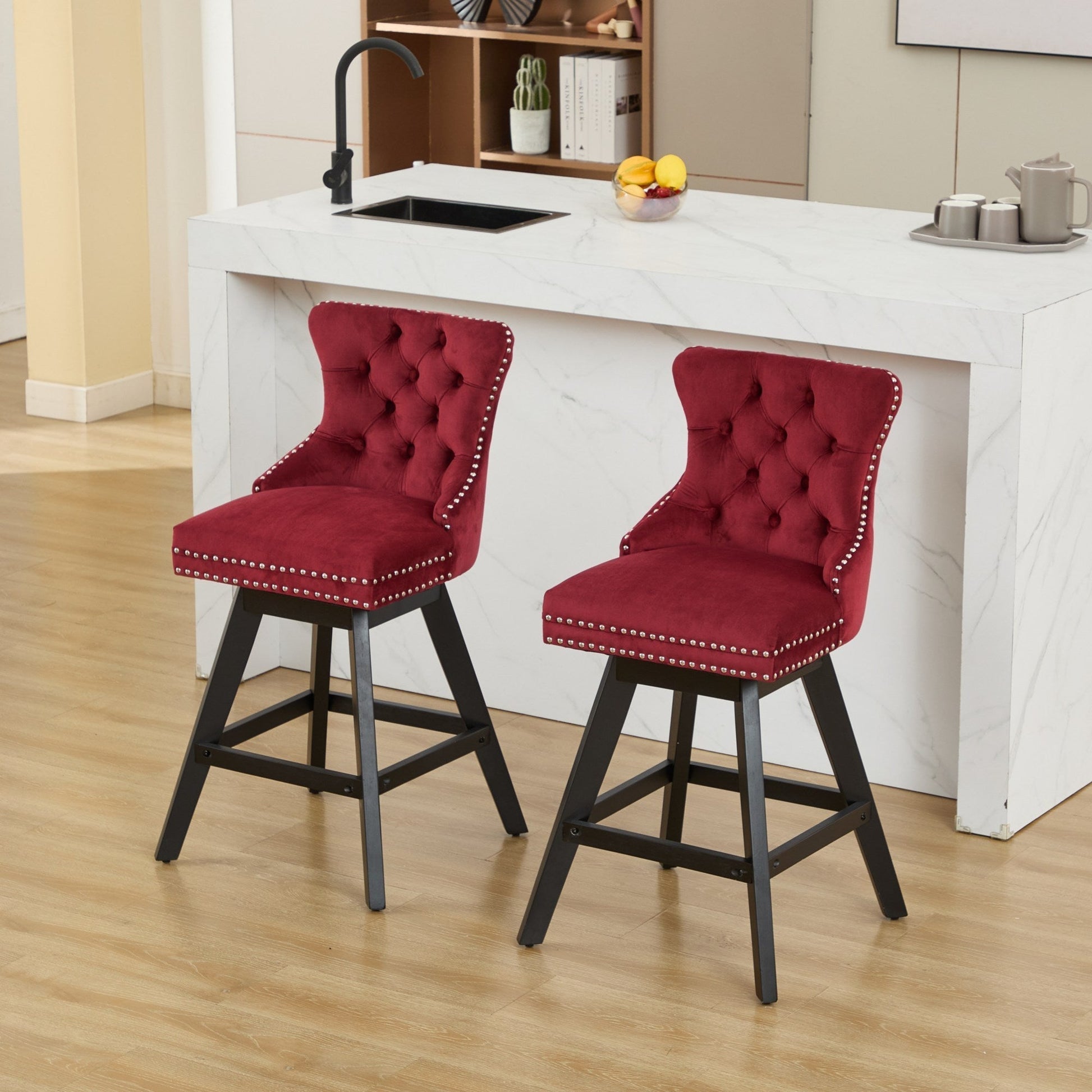 Swivel velvet bar stools, wine red, set of 2 with button tufting and nailhead trim, black legs on Tampa Home & Garden Store
