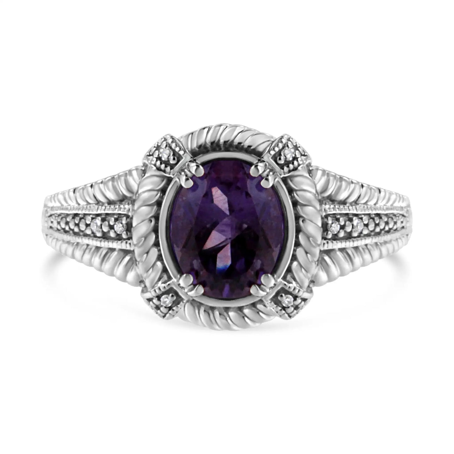 Sterling silver amethyst ring with oval purple gem and diamond accents, braided band on Tampa Home & Garden Store